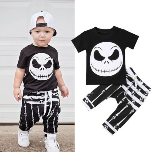 Toddler Kids Baby Boys Halloween T-shirt Black Tops+Long Pants Outfits Set Skull Summer Holiday Set Clothes - ebowsos