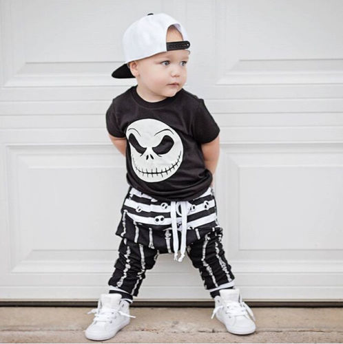 Toddler Kids Baby Boys Halloween T-shirt Black Tops+Long Pants Outfits Set Skull Summer Holiday Set Clothes - ebowsos