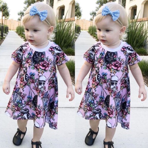 War Newborn Kids Baby Girl Skull Cotton Flowers Dress T-shirt Clothes Purple Summer 0-3Y - ebowsos