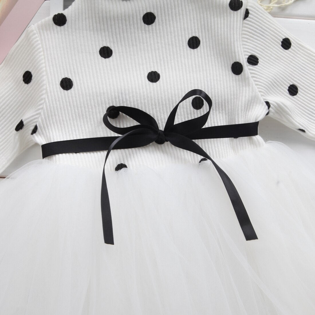 New Newborn Kids Baby Girls Long Sleeve Knitting Dot Lace Tutu Tulle Dress - ebowsos