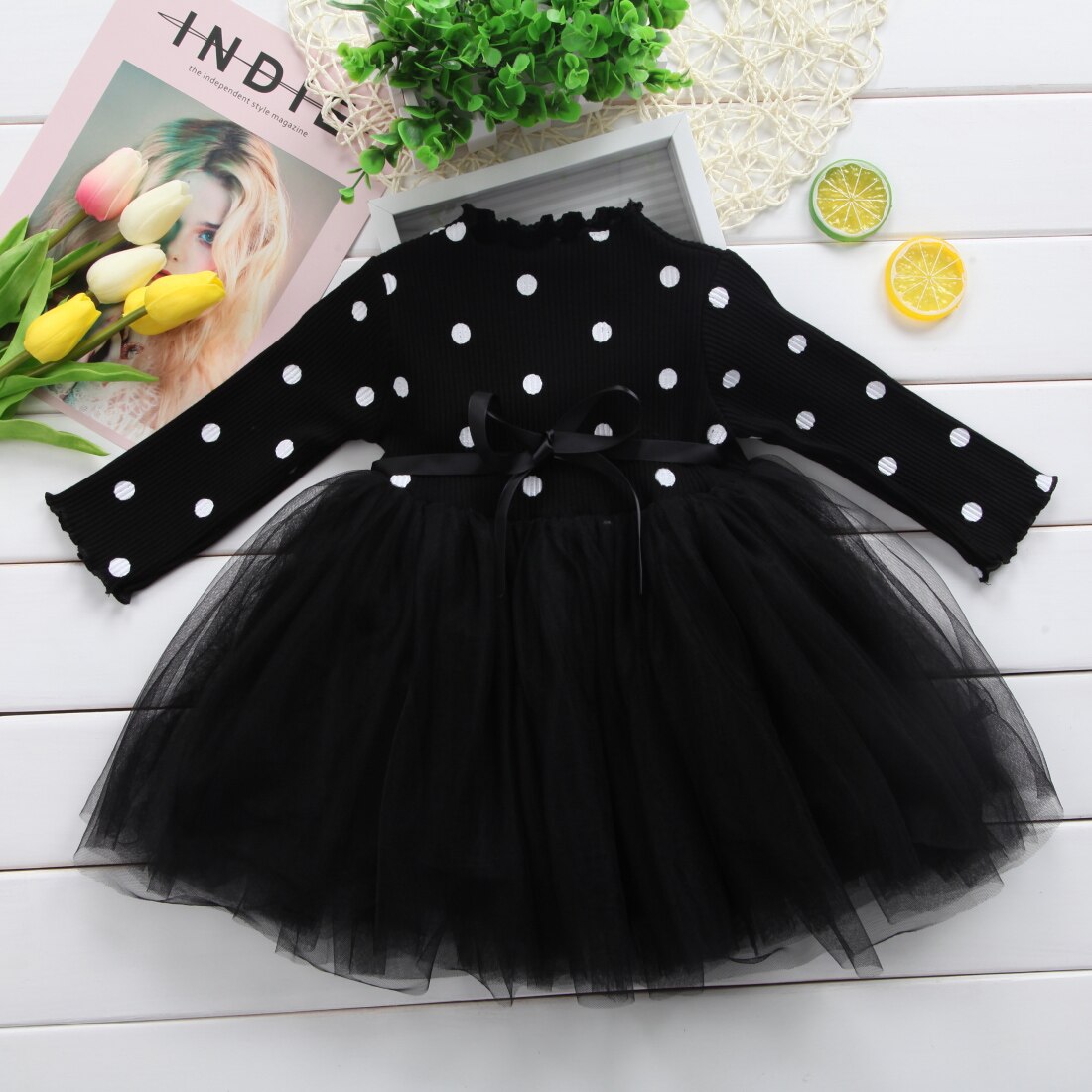 New Newborn Kids Baby Girls Long Sleeve Knitting Dot Lace Tutu Tulle Dress - ebowsos