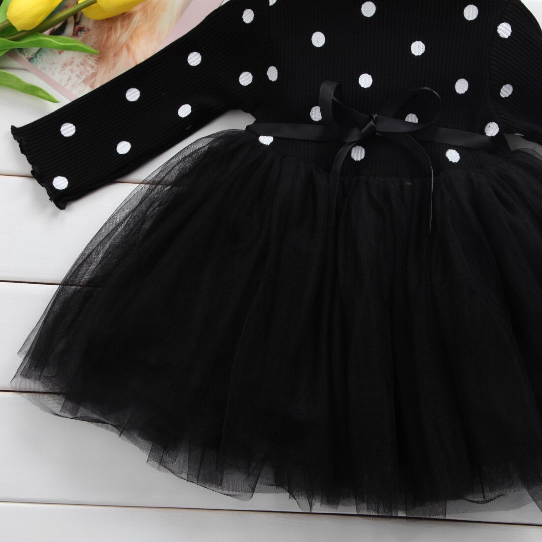 New Newborn Kids Baby Girls Long Sleeve Knitting Dot Lace Tutu Tulle Dress - ebowsos