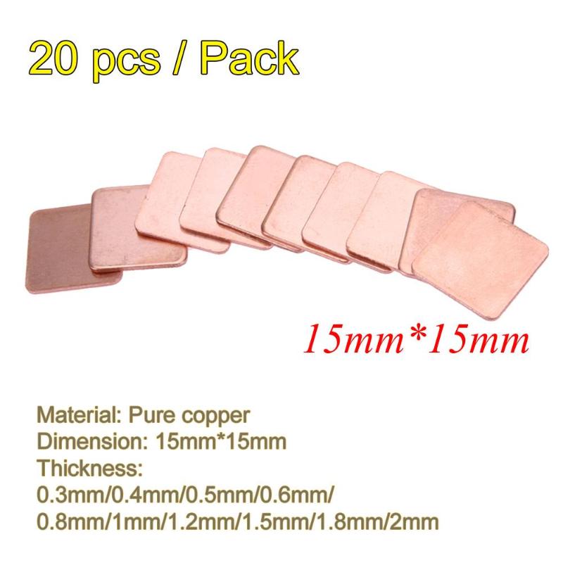 20Pcs 15*15mm 0.3/0.4/0.5/0.6/0.8mm Heatsink Pure Copper Shim Thermal Pad for Laptop Notebook IC Chipset GPU CPU Graphic Card - ebowsos