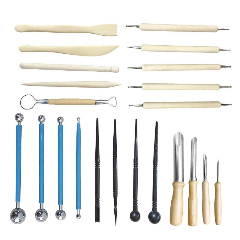 22pcs/set DIY Pottery Ceramics Clay Sculpture Tools Stainless Steel Puncher Wooden Handle Art Modeling Carving Tool - ebowsos