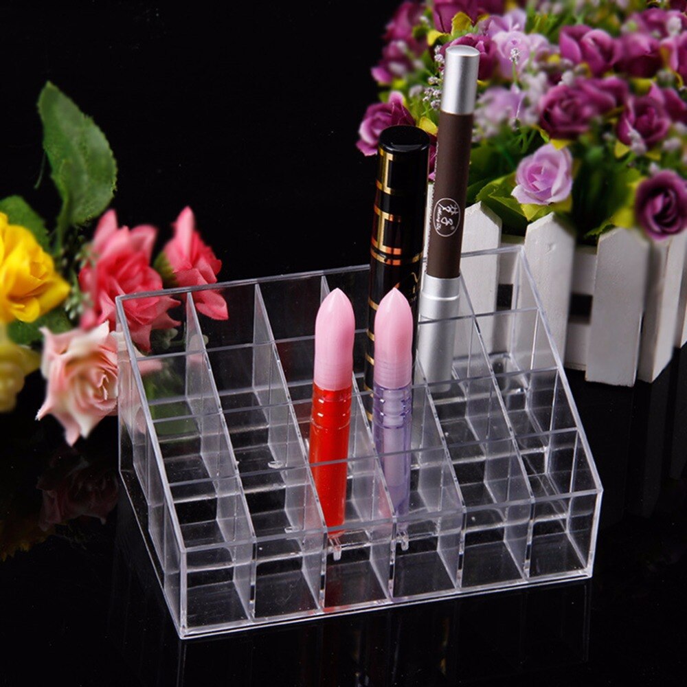 24 Grids Trapezoid Clear Makeup Cosmetic Organizer Storage Lipstick Holder Case Stand Tool Kit Transparent Drop Shipping - ebowsos