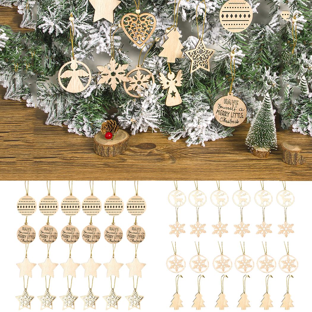 24PCS Wooden Snowflake Elk Christmas Tree Shape Christmas Hanging Ornament Wood Hanging Decoration For Xmas Tree-ebowsos