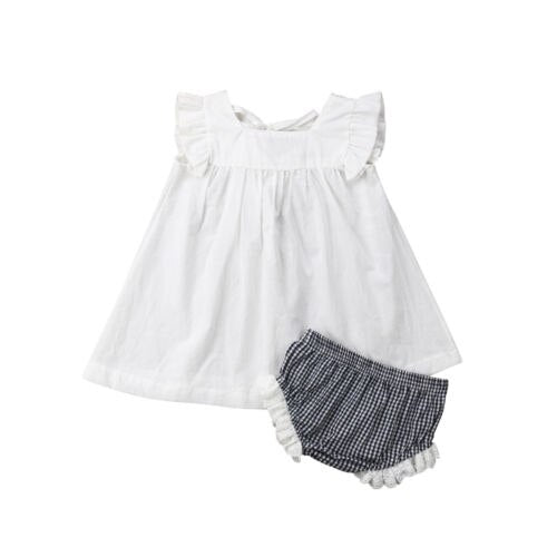 2PCS Baby Girls Outfits Clothes Ruffled Tops Mini Dress+Plaids PP Pants Set - ebowsos