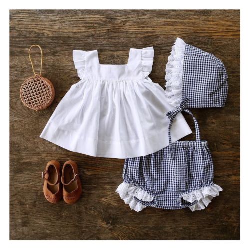 2PCS Baby Girls Outfits Clothes Ruffled Tops Mini Dress+Plaids PP Pants Set - ebowsos