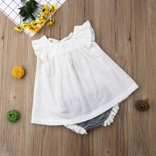 2PCS Baby Girls Outfits Clothes Ruffled Tops Mini Dress+Plaids PP Pants Set - ebowsos