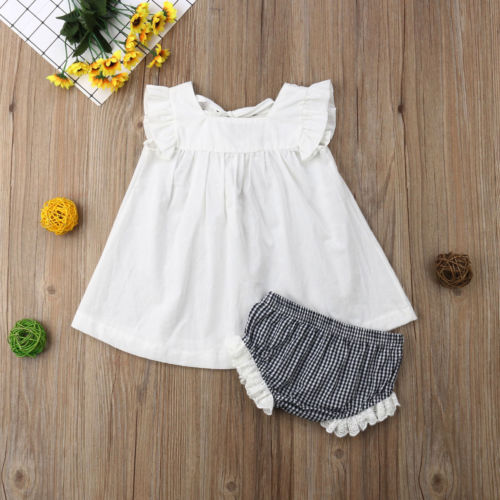 2PCS Baby Girls Outfits Clothes Ruffled Tops Mini Dress+Plaids PP Pants Set - ebowsos