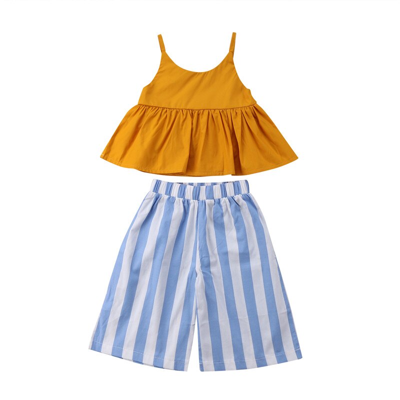 2PCS Baby Kids Girls Tops Sleeveless Dress+Flares Striped Pants Summer Outfits Clothes Set - ebowsos