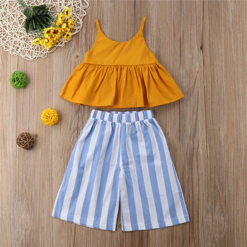 2PCS Baby Kids Girls Tops Sleeveless Dress+Flares Striped Pants Summer Outfits Clothes Set - ebowsos