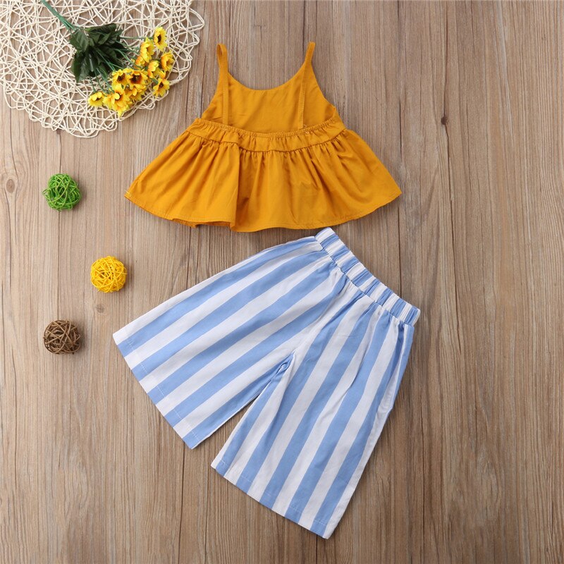 2PCS Baby Kids Girls Tops Sleeveless Dress+Flares Striped Pants Summer Outfits Clothes Set - ebowsos