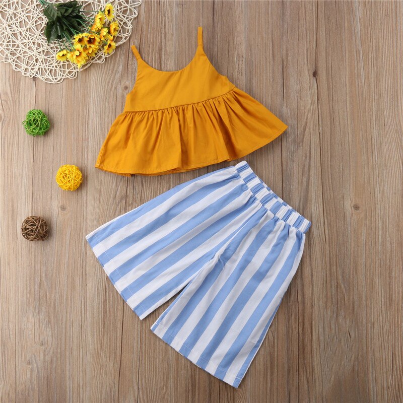 2PCS Baby Kids Girls Tops Sleeveless Dress+Flares Striped Pants Summer Outfits Clothes Set - ebowsos