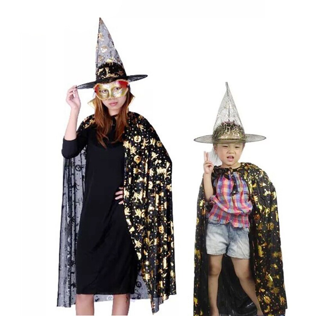 2PCS Halloween Witch Cloak Decoration Fashion Star Pattern Costume Cloak Cosplay Cape With Hats Festival Clothing Accessories-ebowsos