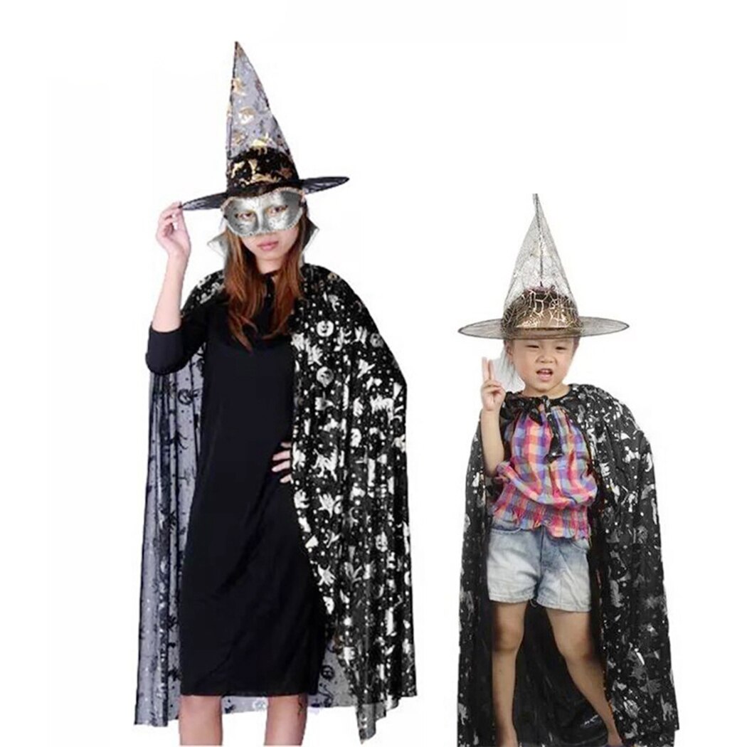 2PCS Halloween Witch Cloak Decoration Fashion Star Pattern Costume Cloak Cosplay Cape With Hats Festival Clothing Accessories-ebowsos