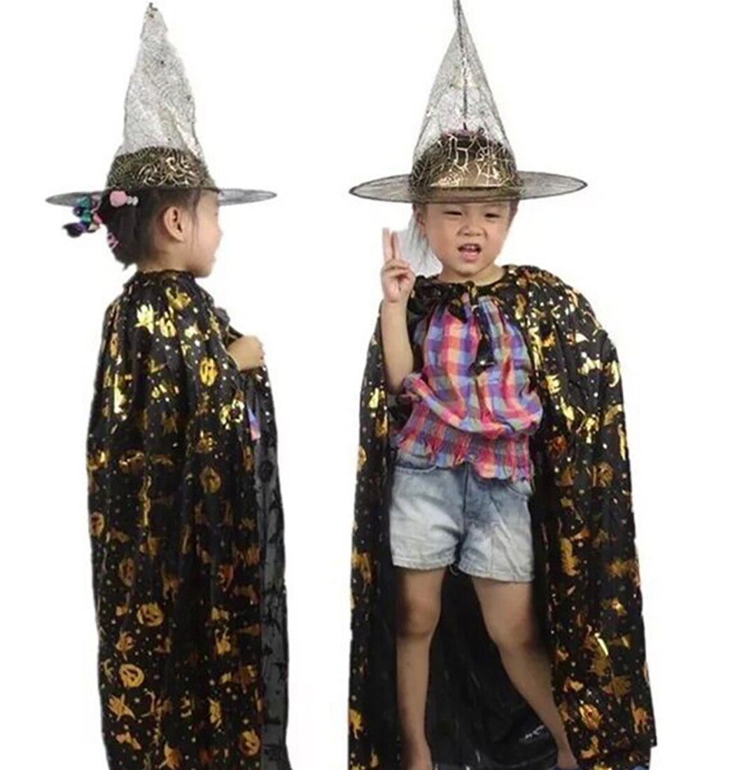 2PCS Halloween Witch Cloak Decoration Fashion Star Pattern Costume Cloak Cosplay Cape With Hats Festival Clothing Accessories-ebowsos