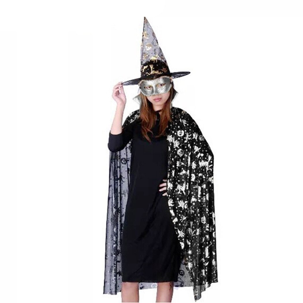 2PCS Halloween Witch Cloak Decoration Fashion Star Pattern Costume Cloak Cosplay Cape With Hats Festival Clothing Accessories-ebowsos