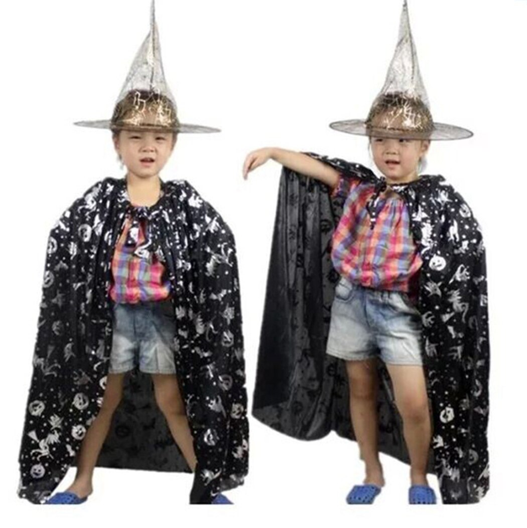 2PCS Halloween Witch Cloak Decoration Fashion Star Pattern Costume Cloak Cosplay Cape With Hats Festival Clothing Accessories-ebowsos