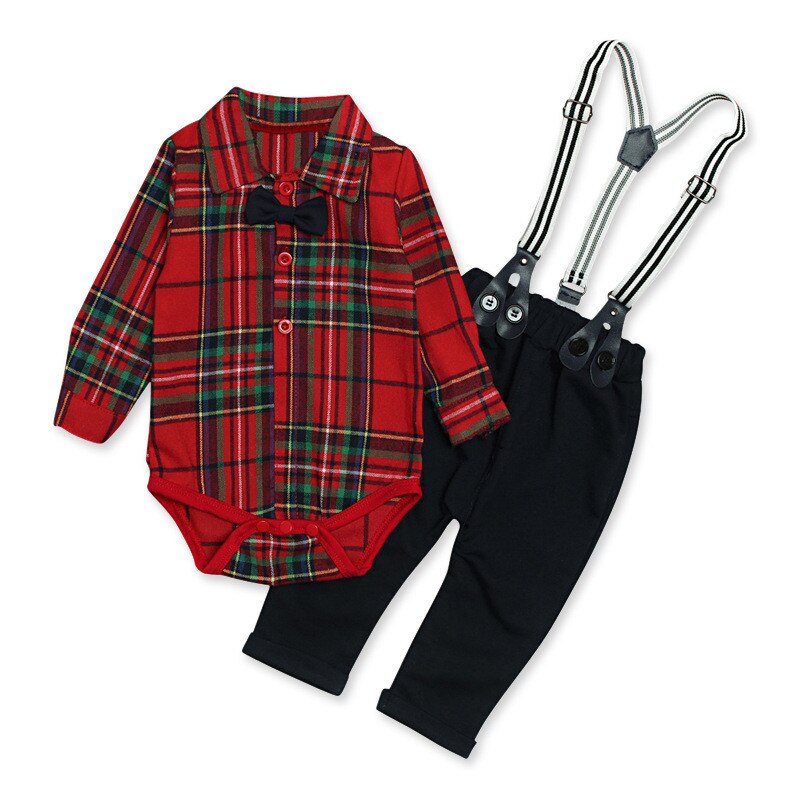 2PCS Kid Baby Boy Top Plaid Romper Shirt +Suit Pant Overalls Outfit Set Clothes - ebowsos