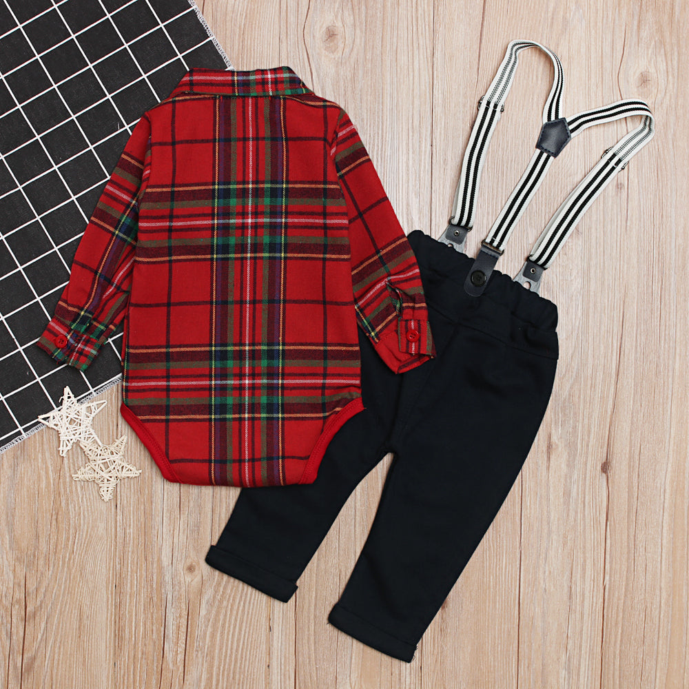 2PCS Kid Baby Boy Top Plaid Romper Shirt +Suit Pant Overalls Outfit Set Clothes - ebowsos