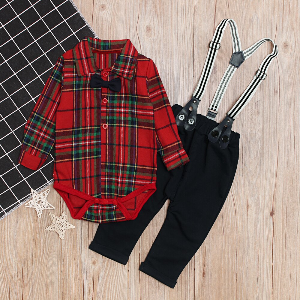 2PCS Kid Baby Boy Top Plaid Romper Shirt +Suit Pant Overalls Outfit Set Clothes - ebowsos