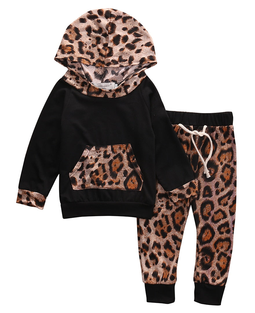 2PCS Kid Baby Boys Girls Leopard Pullover Hooded Coat + Pants Set Clothes Outfit - ebowsos