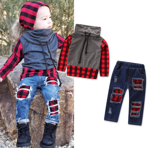 2PCS Kids Baby Boys Girls Plaid Long Sleeve Tops + Denim Jeans Pants Leggings Outfits Clothes Set - ebowsos