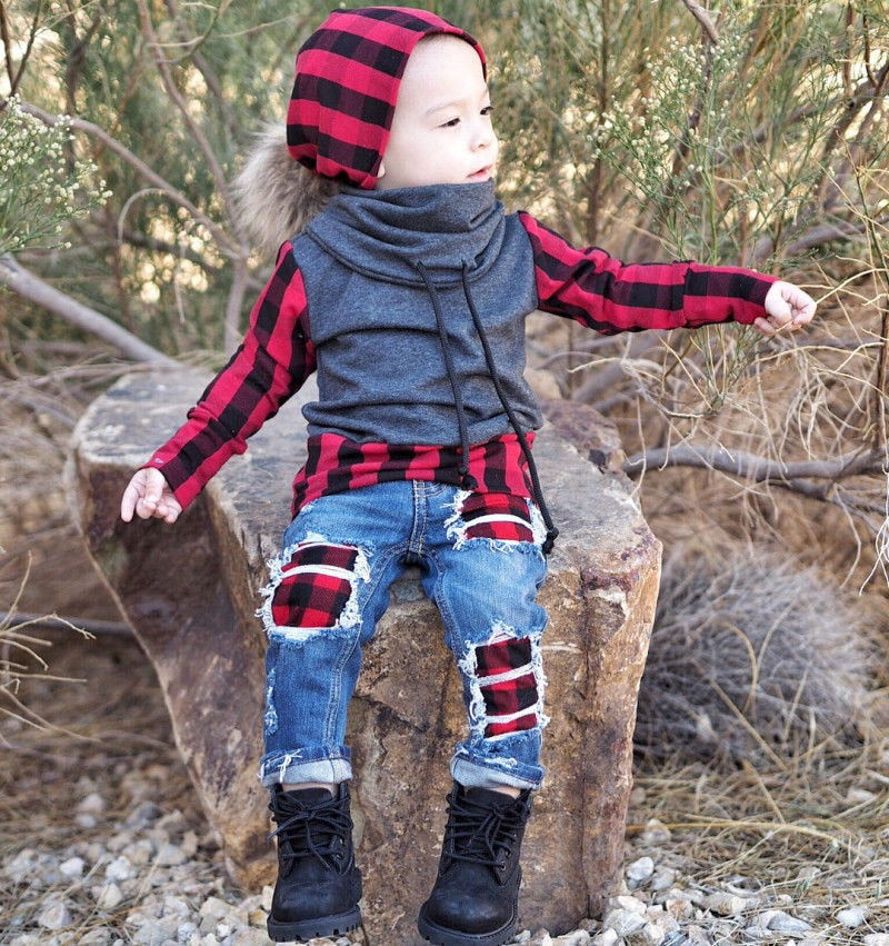 2PCS Kids Baby Boys Girls Plaid Long Sleeve Tops + Denim Jeans Pants Leggings Outfits Clothes Set - ebowsos