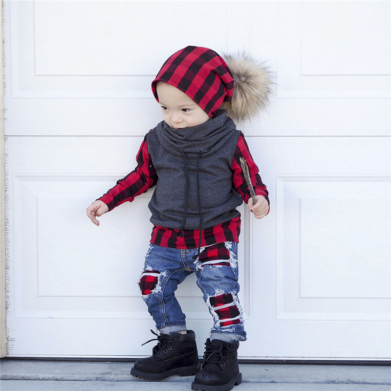 2PCS Kids Baby Boys Girls Plaid Long Sleeve Tops + Denim Jeans Pants Leggings Outfits Clothes Set - ebowsos