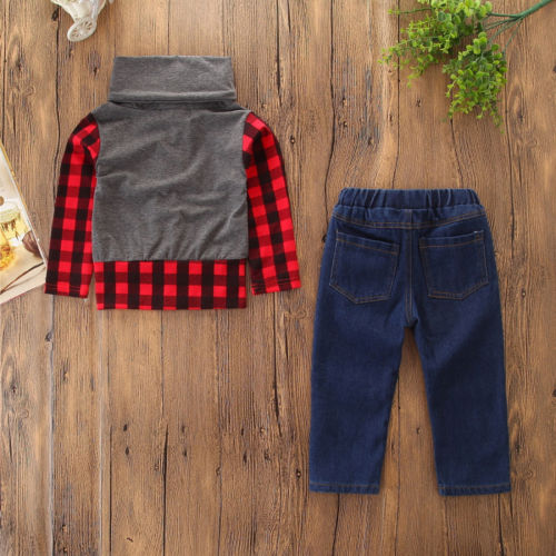 2PCS Kids Baby Boys Girls Plaid Long Sleeve Tops + Denim Jeans Pants Leggings Outfits Clothes Set - ebowsos