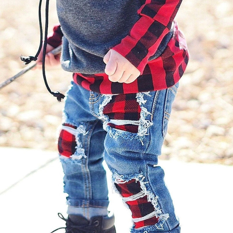 2PCS Kids Baby Boys Girls Plaid Long Sleeve Tops + Denim Jeans Pants Leggings Outfits Clothes Set - ebowsos