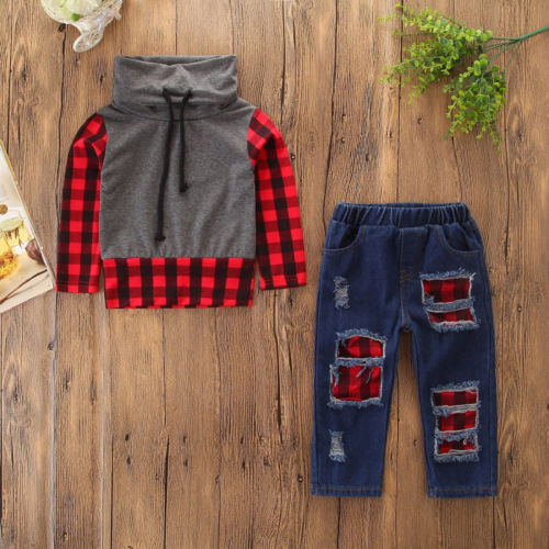 2PCS Kids Baby Boys Girls Plaid Long Sleeve Tops + Denim Jeans Pants Leggings Outfits Clothes Set - ebowsos