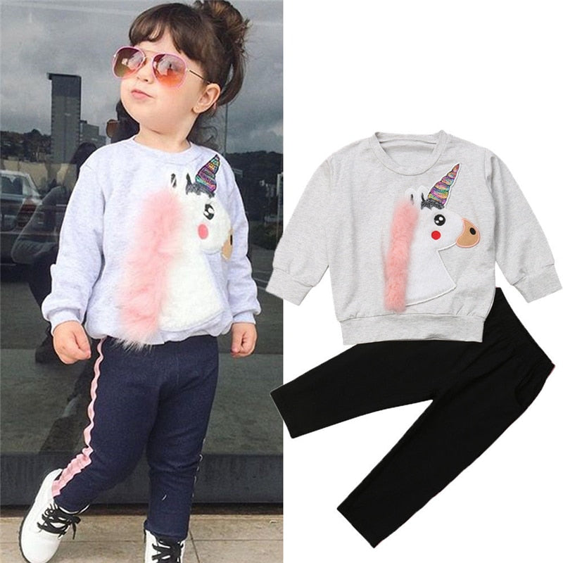 2PCS Princess Kids Baby Girls Unicorn Sweatshirt Sets Clothes Cartoon Tops+ Striped Pants 2PCS Outfits Sets - ebowsos