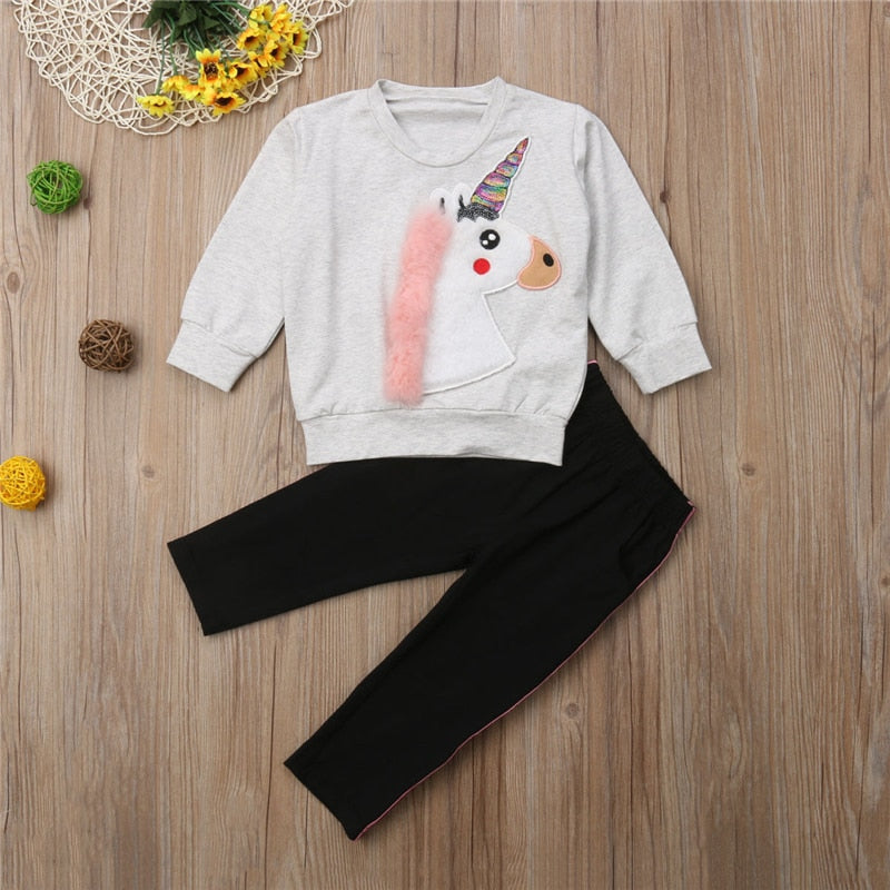 2PCS Princess Kids Baby Girls Unicorn Sweatshirt Sets Clothes Cartoon Tops+ Striped Pants 2PCS Outfits Sets - ebowsos