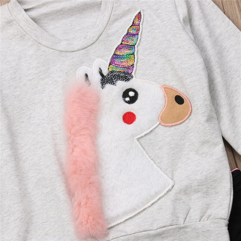 2PCS Princess Kids Baby Girls Unicorn Sweatshirt Sets Clothes Cartoon Tops+ Striped Pants 2PCS Outfits Sets - ebowsos