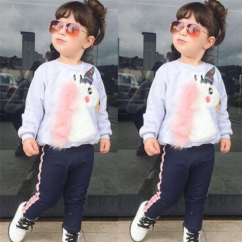 2PCS Princess Kids Baby Girls Unicorn Sweatshirt Sets Clothes Cartoon Tops+ Striped Pants 2PCS Outfits Sets - ebowsos