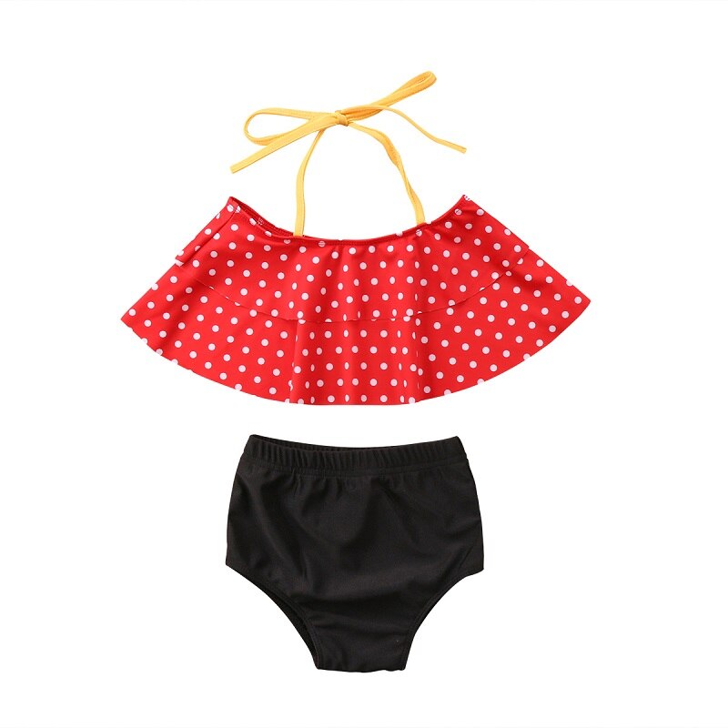 2PCS Summer Toddler Kids Baby Girl High Waist Polka Dot Halter Bandage Ruffled Swimsuit Swimwear Outfits Clothes - ebowsos