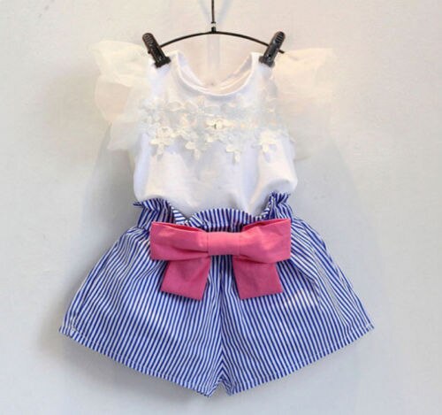 2PCS Toddler Infant Kids Baby Girls Summer Clothes Chiffon Floral T-shirt Tops+Shorts Pants 2Pcs Outfit Set 2-7T - ebowsos