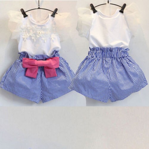 2PCS Toddler Infant Kids Baby Girls Summer Clothes Chiffon Floral T-shirt Tops+Shorts Pants 2Pcs Outfit Set 2-7T - ebowsos