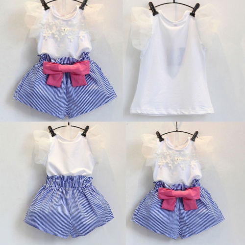 2PCS Toddler Infant Kids Baby Girls Summer Clothes Chiffon Floral T-shirt Tops+Shorts Pants 2Pcs Outfit Set 2-7T - ebowsos