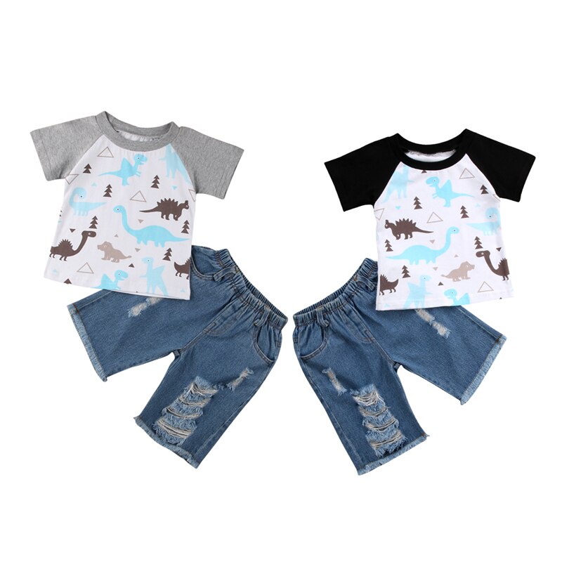 2PCS!!Toddler Kids Baby Boys Cartoon Dinosaur Print T-shirt Tops+Holes Denim Shorts Pants Outfits Fashion Clothes Set - ebowsos