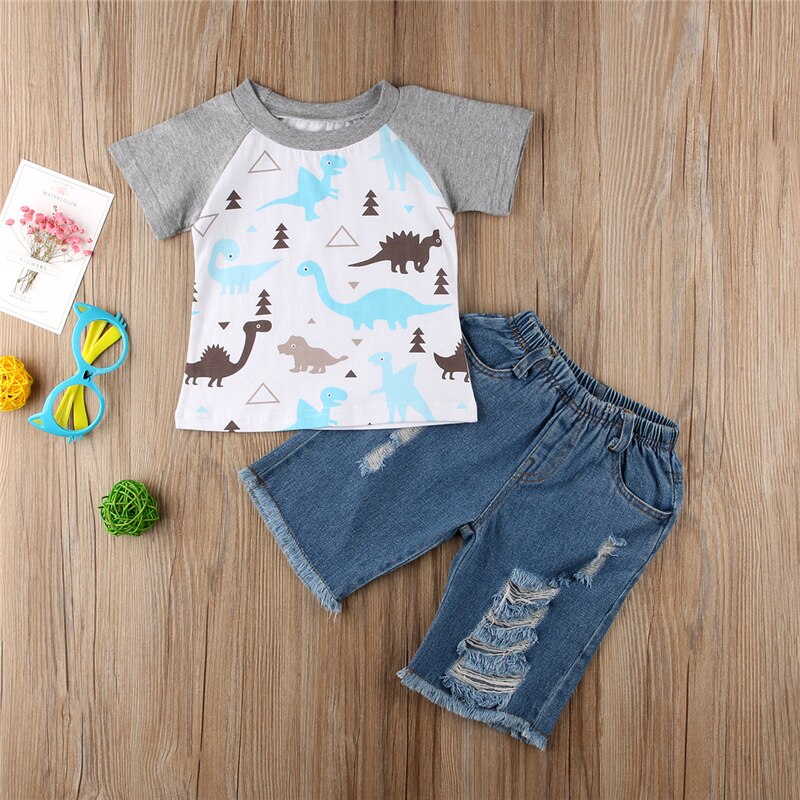 2PCS!!Toddler Kids Baby Boys Cartoon Dinosaur Print T-shirt Tops+Holes Denim Shorts Pants Outfits Fashion Clothes Set - ebowsos