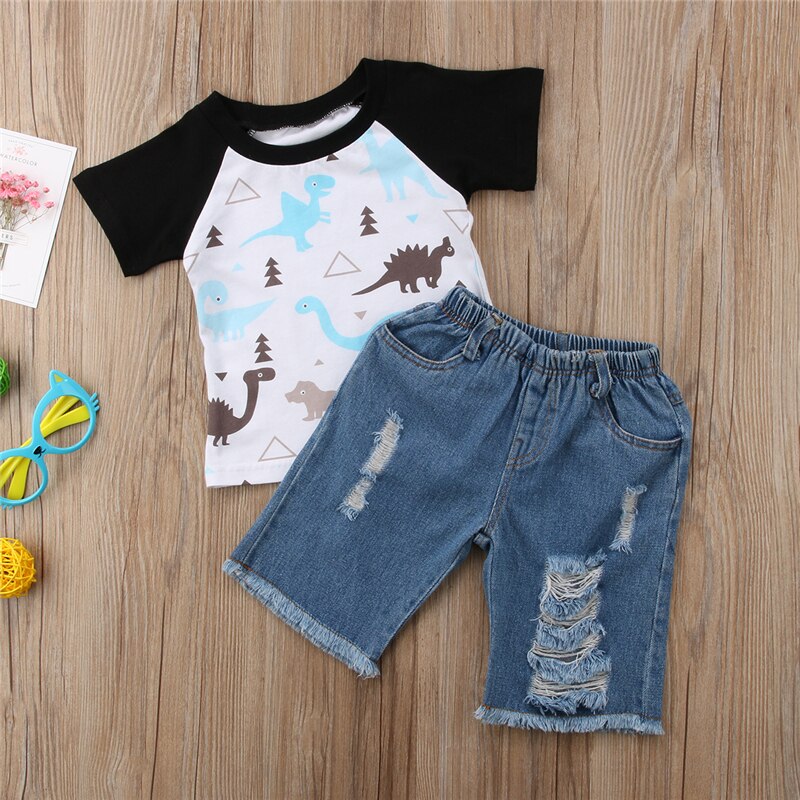 2PCS!!Toddler Kids Baby Boys Cartoon Dinosaur Print T-shirt Tops+Holes Denim Shorts Pants Outfits Fashion Clothes Set - ebowsos