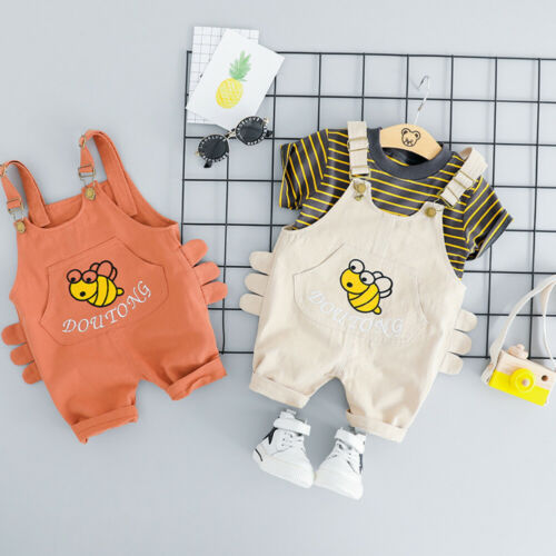 2PCS Toddler Kids Baby Boys Clothes Stripe Tops T-Shirt+Bib Pants Outfit Sunsuit - ebowsos