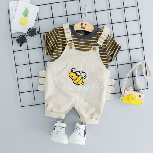 2PCS Toddler Kids Baby Boys Clothes Stripe Tops T-Shirt+Bib Pants Outfit Sunsuit - ebowsos