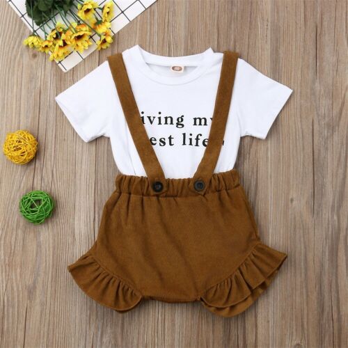 2PCS Toddler Newborn Baby Kids Girl Summer Clothes Tops T-shirt+Bib Pants Outfit - ebowsos