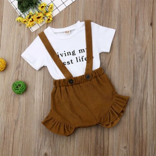 2PCS Toddler Newborn Baby Kids Girl Summer Clothes Tops T-shirt+Bib Pants Outfit - ebowsos