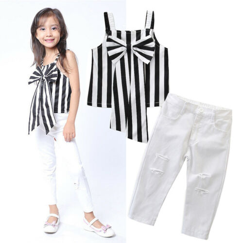 2Pcs Kids Baby Girls Clothes Stripe Sleeve Tops+Hot Long Pants Leggings Clothes - ebowsos