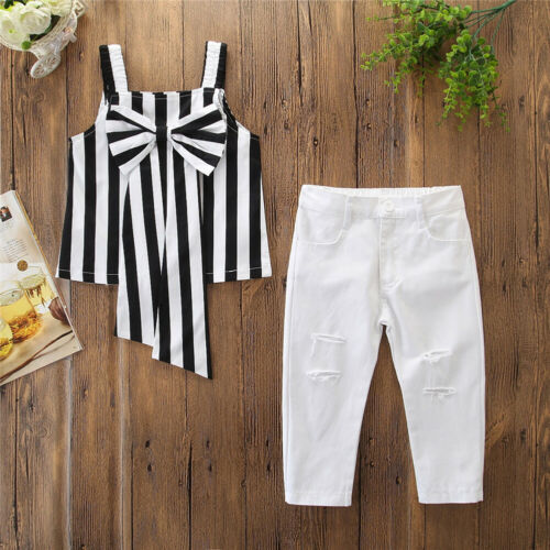 2Pcs Kids Baby Girls Clothes Stripe Sleeve Tops+Hot Long Pants Leggings Clothes - ebowsos